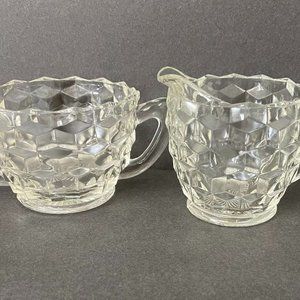 Vtg Antique Jeannette Depression Glass Sugar Bowl & Creamer Clear Cubist Pattern